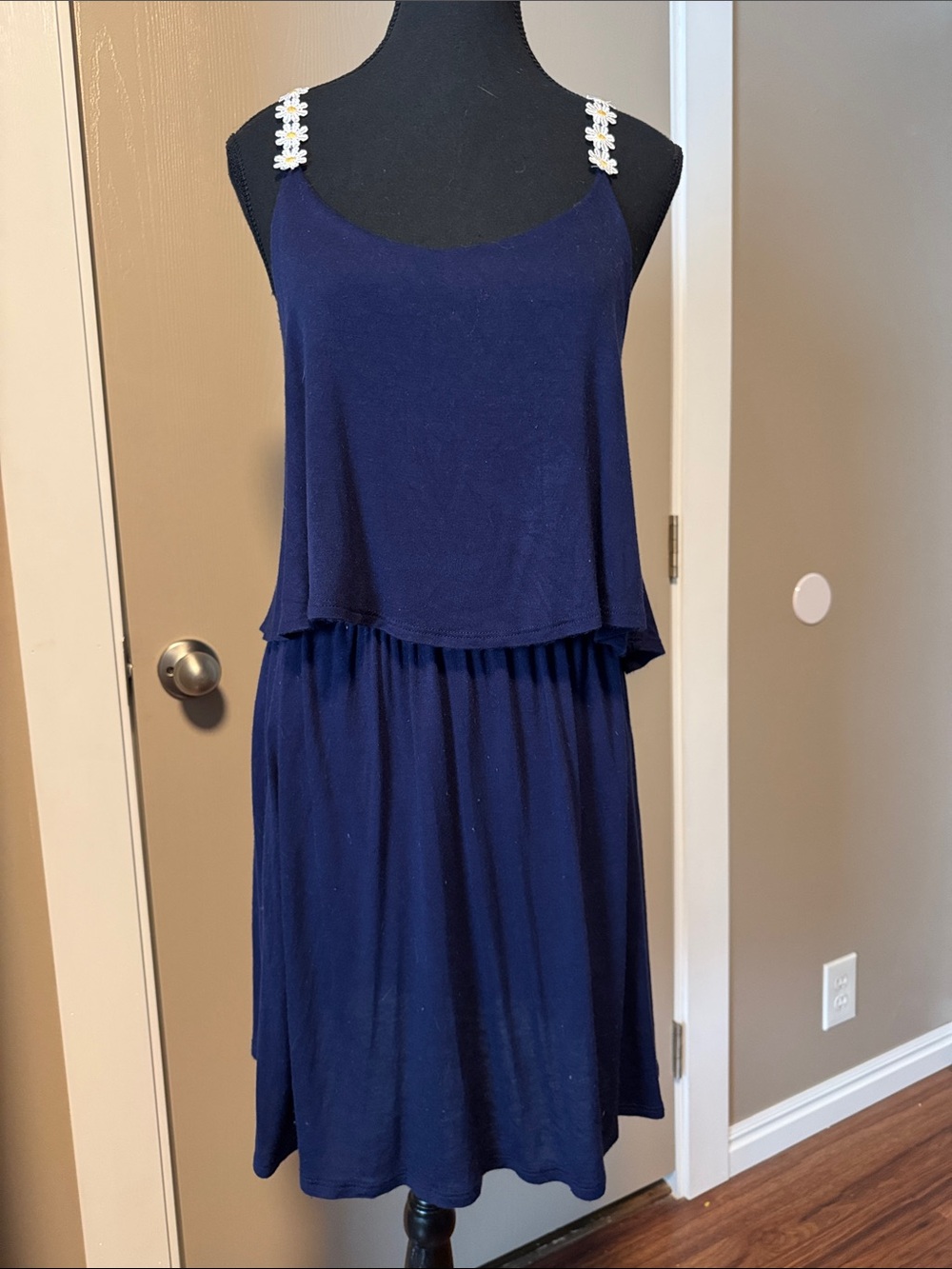 Navy Sleeveless Midi Dress with Daisy-Embellished Straps